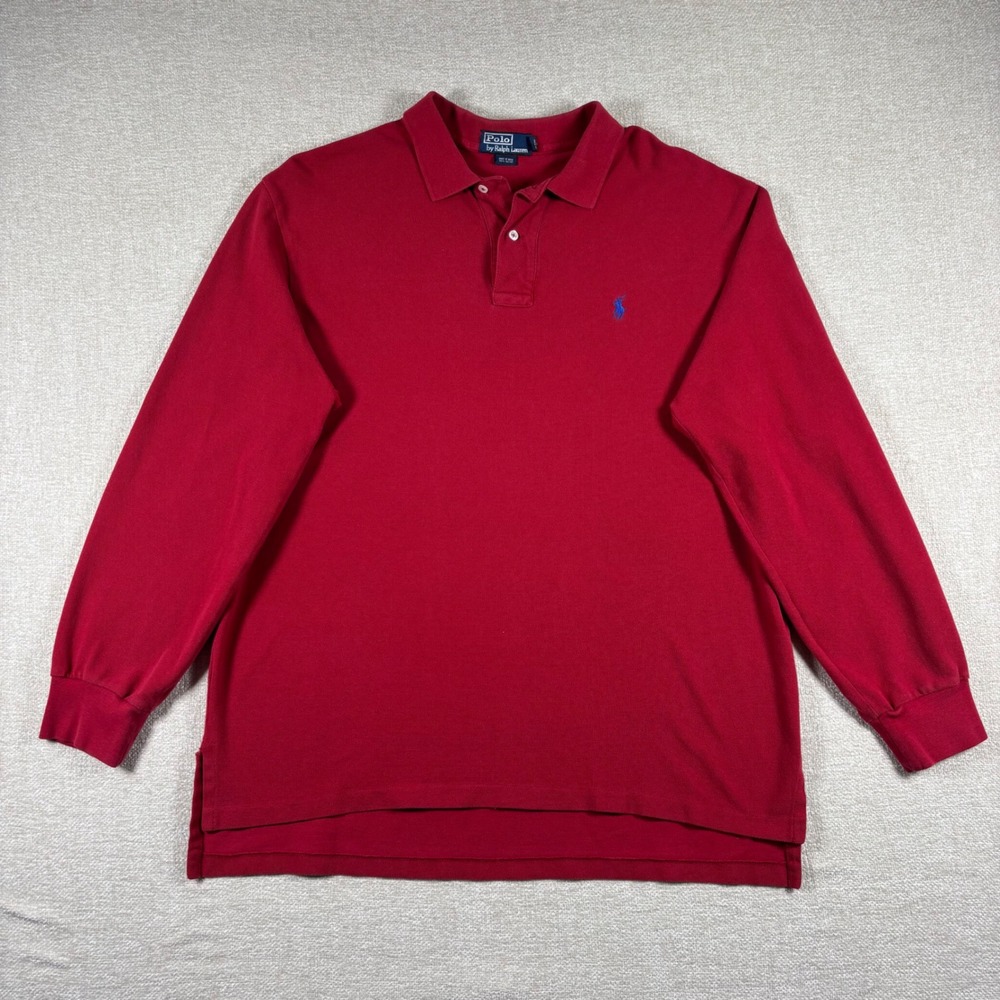 VTG Polo Ralph Lauren Mens XL Red Long Sleeve Pique Polo Shirt Blue Pony Cotton